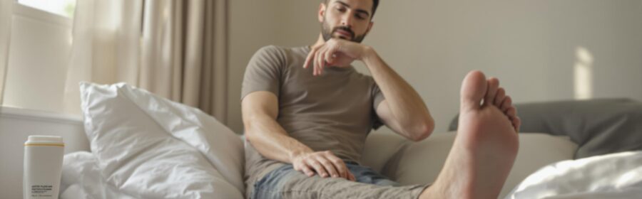Man sitting on bed, stretching his leg.